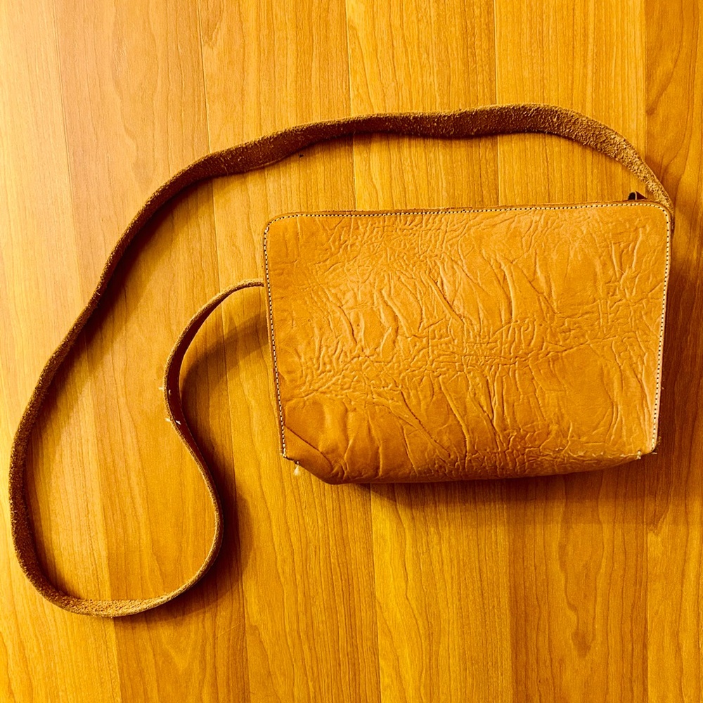 Vintage Tan Leather Rectangular Zip Crossbody Bag - image 2